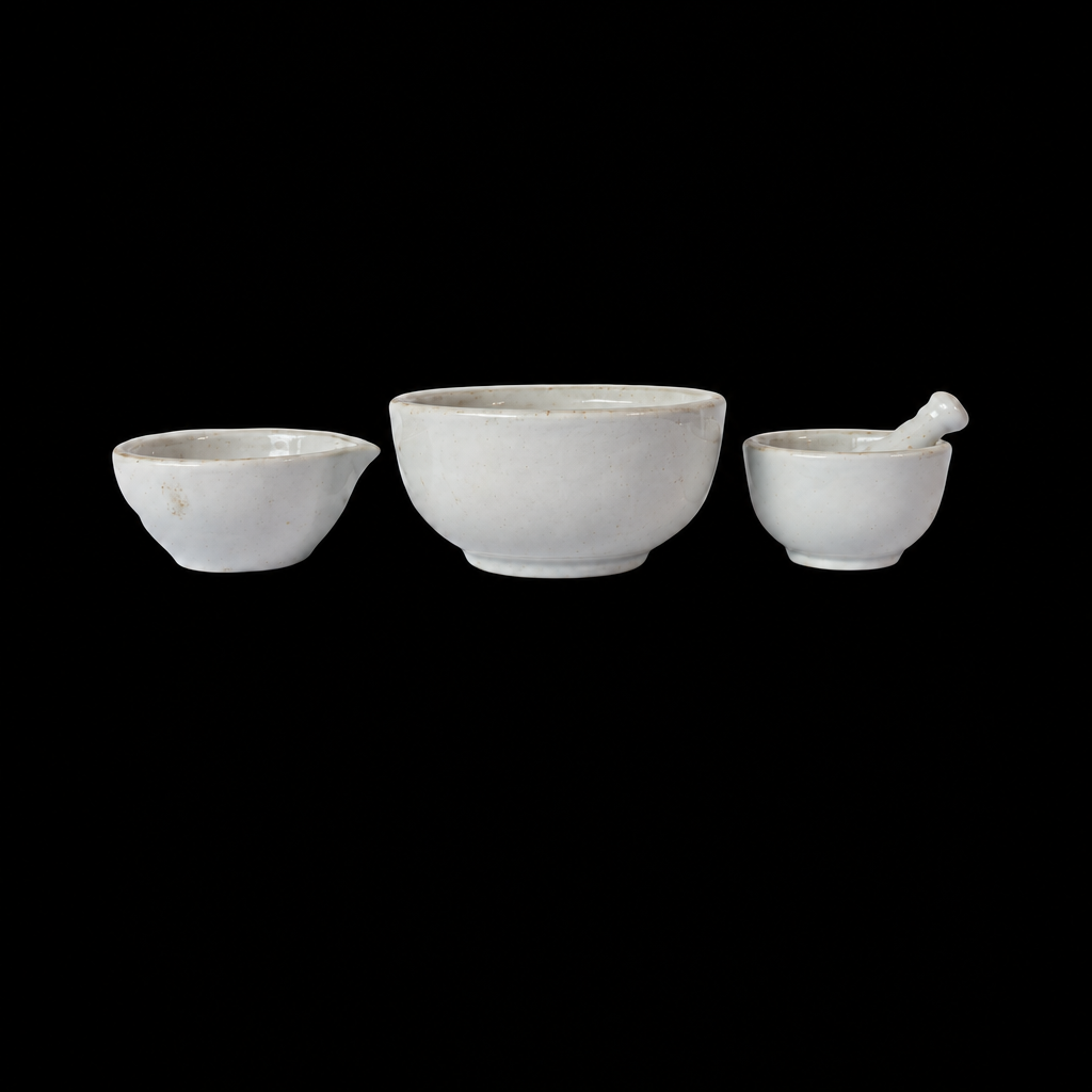 Vintage French Apilco Porcelain Mortars with Two White Porcelain Bowls