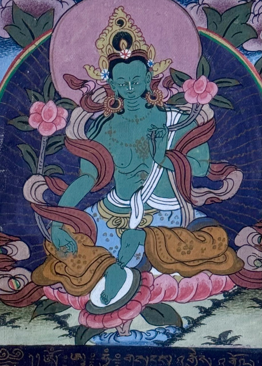 Framed Pair of Antique Tibetan Buddhist Illuminated Manuscript Leaves – Green Tara & Palden Lhamo
