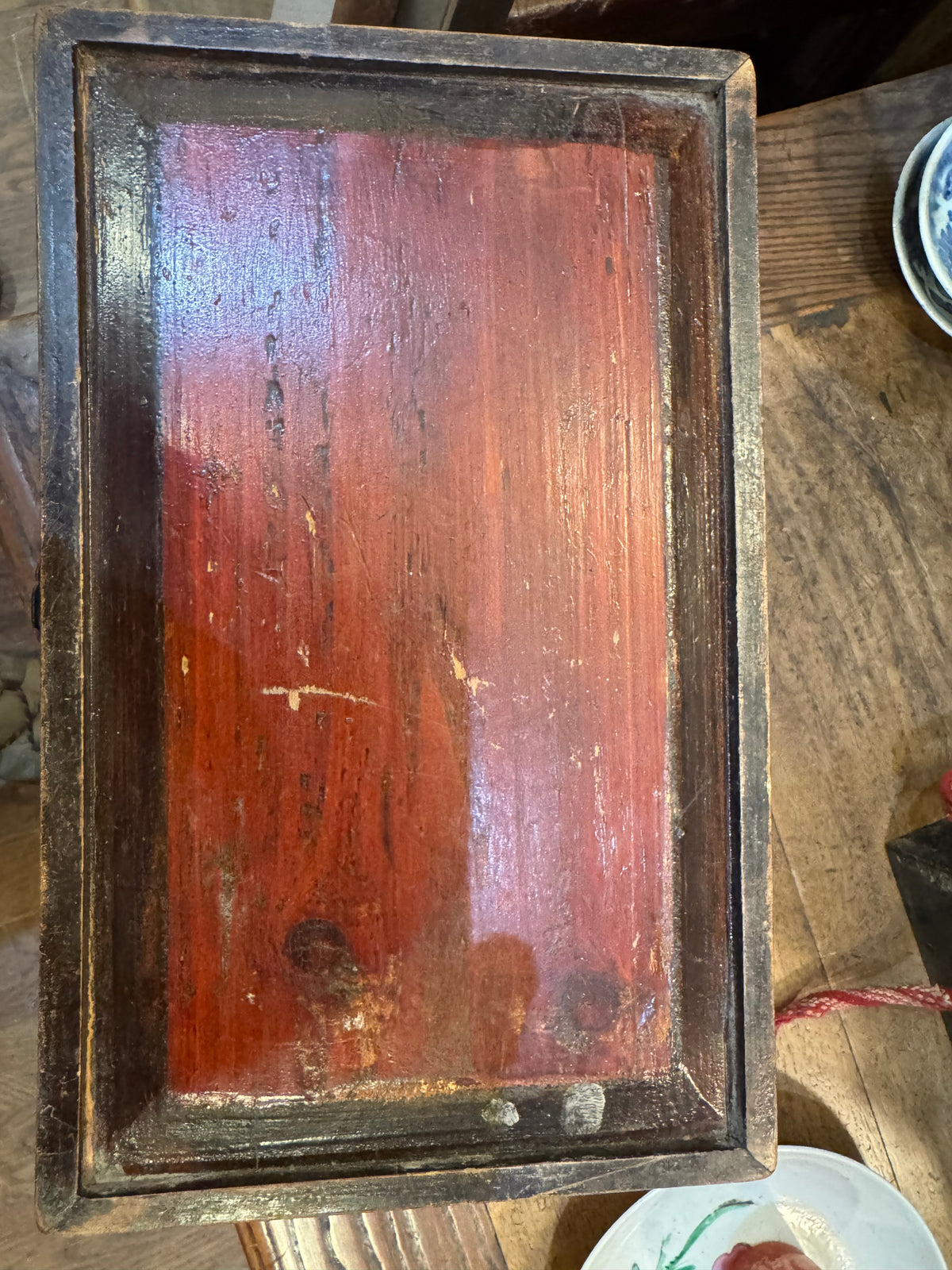 Antique Chinese Red Lacquer Valuables Box with Metal Lock Plate