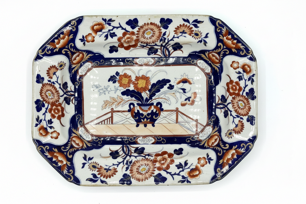 Antique English "Real Stone China" Imari-Style Octagonal Platter — Pattern No. 182, c. 1820s–1840s
