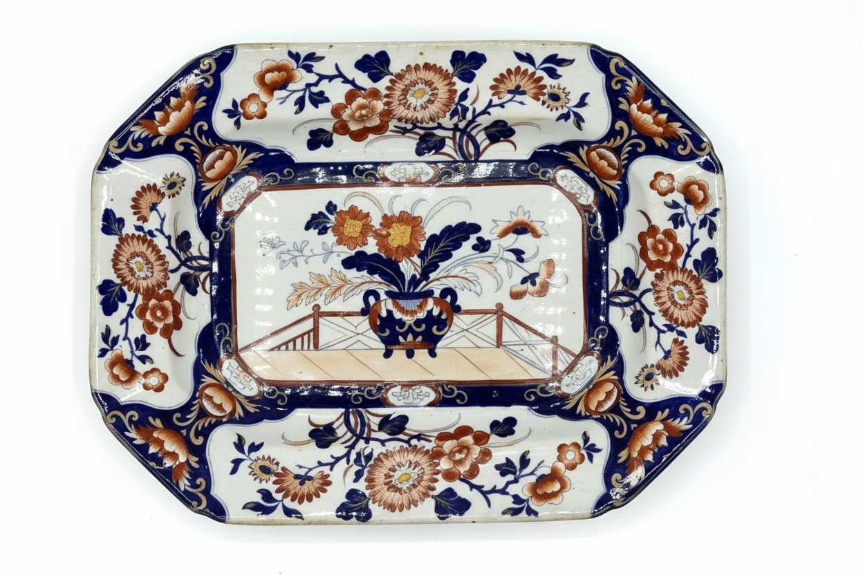 Antique English "Real Stone China" Imari-Style Octagonal Platter — Pattern No. 182, c. 1820s–1840s