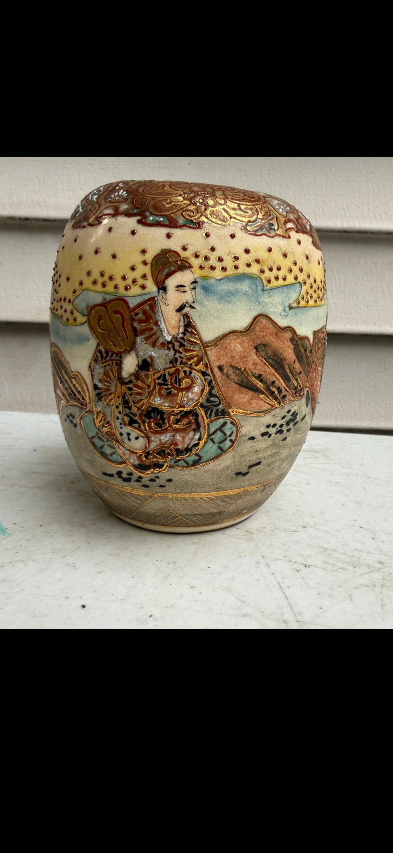Japanese Satsuma Style Figural Jar with Gilt Decoration | 5 Inches