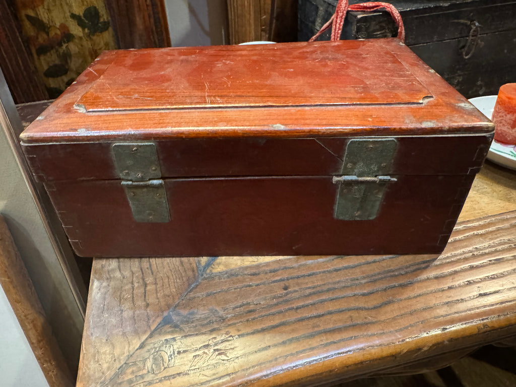Antique Chinese Red Lacquer Valuables Box with Metal Lock Plate