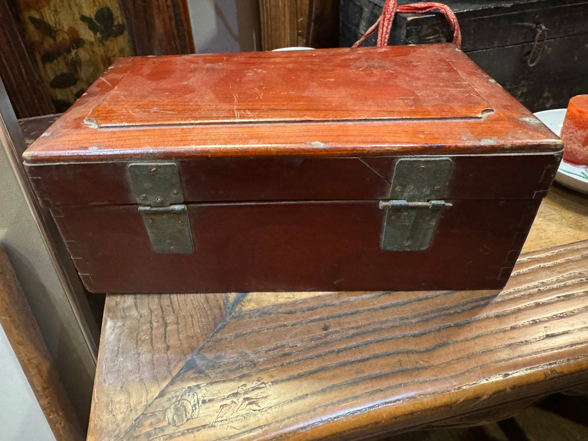 Antique Chinese Red Lacquer Valuables Box with Metal Lock Plate