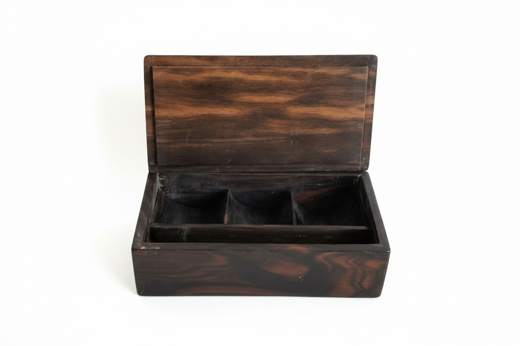 Vintage Hand-Carved Striated Hardwood Jewelry Box with Organizational Tray