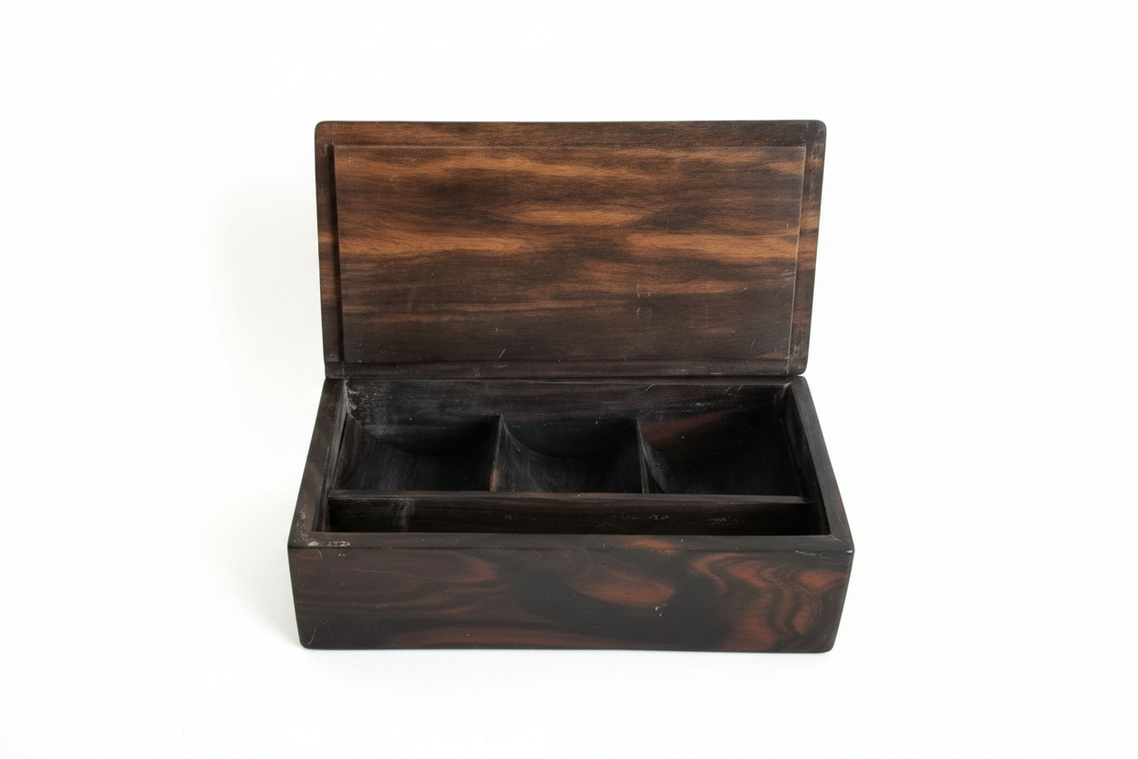 Vintage Hand-Carved Striated Hardwood Jewelry Box with Organizational Tray