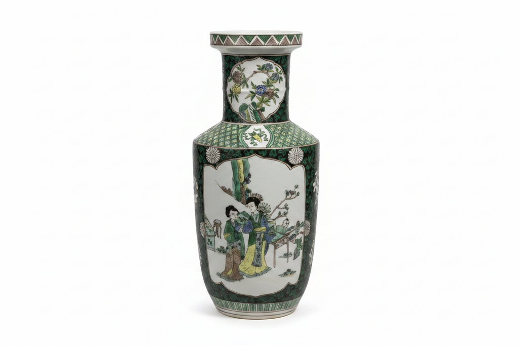 18" Chinese Famille Verte Porcelain Lantern Vase with Court Beauties Design & Kangxi Mark