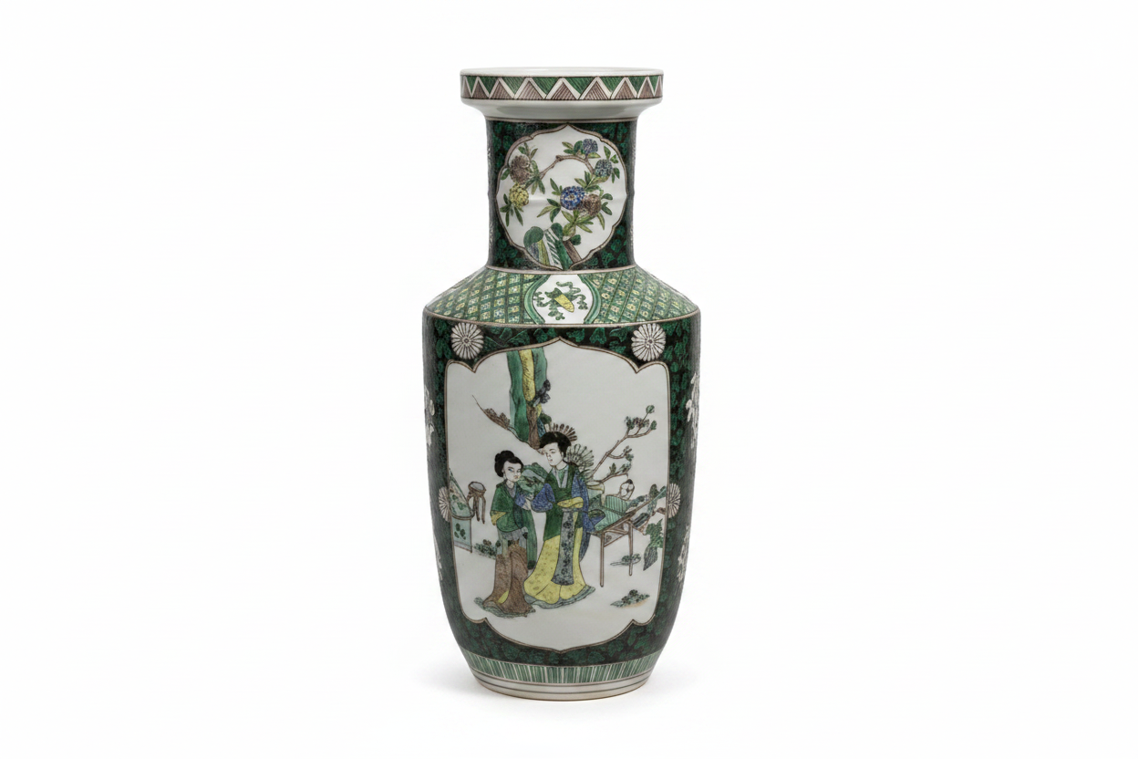 18" Chinese Famille Verte Porcelain Lantern Vase with Court Beauties Design & Kangxi Mark