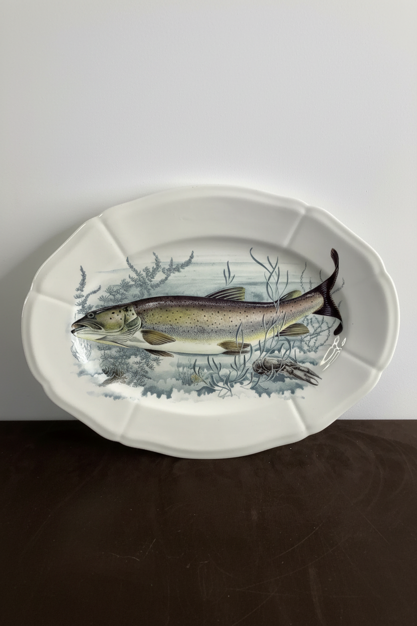 Vintage Gien France Ceramic Oval Fish Platter – Brown Trout Sporting/Naturalist Serving Dish (16")