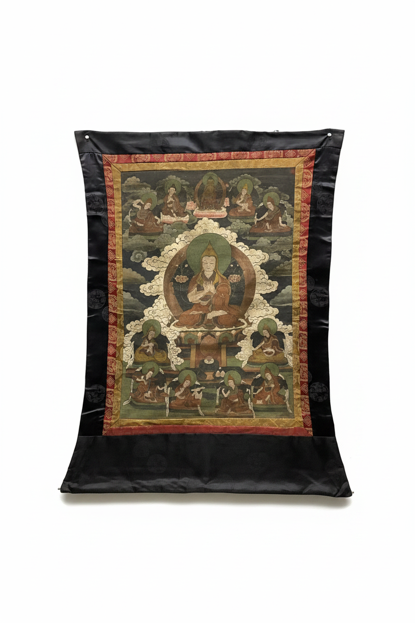 19th Century Tibetan Thangka: Je Tsongkhapa & Gelugpa Lineage Masters | Silk Brocade Scroll