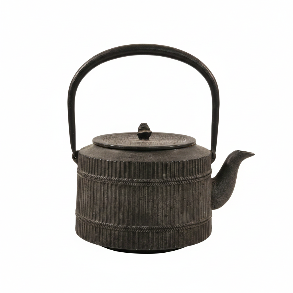 Vintage Japanese Nambu Tekki Cast Iron Tetsubin Tea Kettle | Ribbed Barrel Design & Pinecone Finial