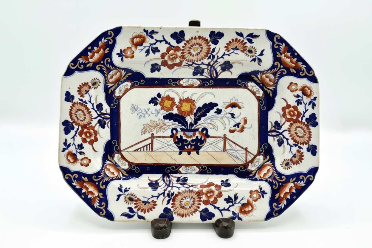 Antique English "Real Stone China" Imari-Style Octagonal Platter — Pattern No. 182, c. 1820s–1840s