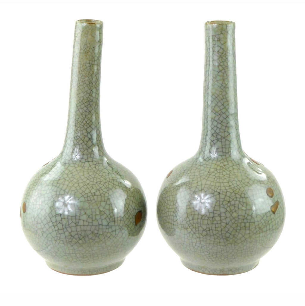 Fine Pair of Japanese Grey Crackle and Enamel Awaji Bottle Vases Early 20th C. (Circa 1910)