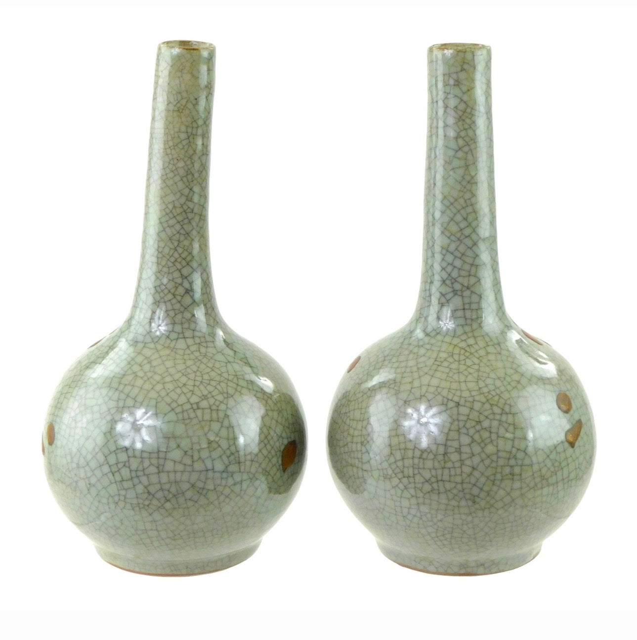Fine Pair of Japanese Grey Crackle and Enamel Awaji Bottle Vases Early 20th C. (Circa 1910)