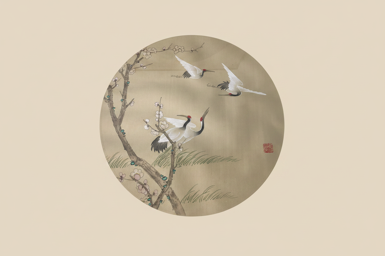 Pair of Framed Chinese Silk Roundel Paintings – Red-Crowned Cranes & Botanical Motif (Set of 2)