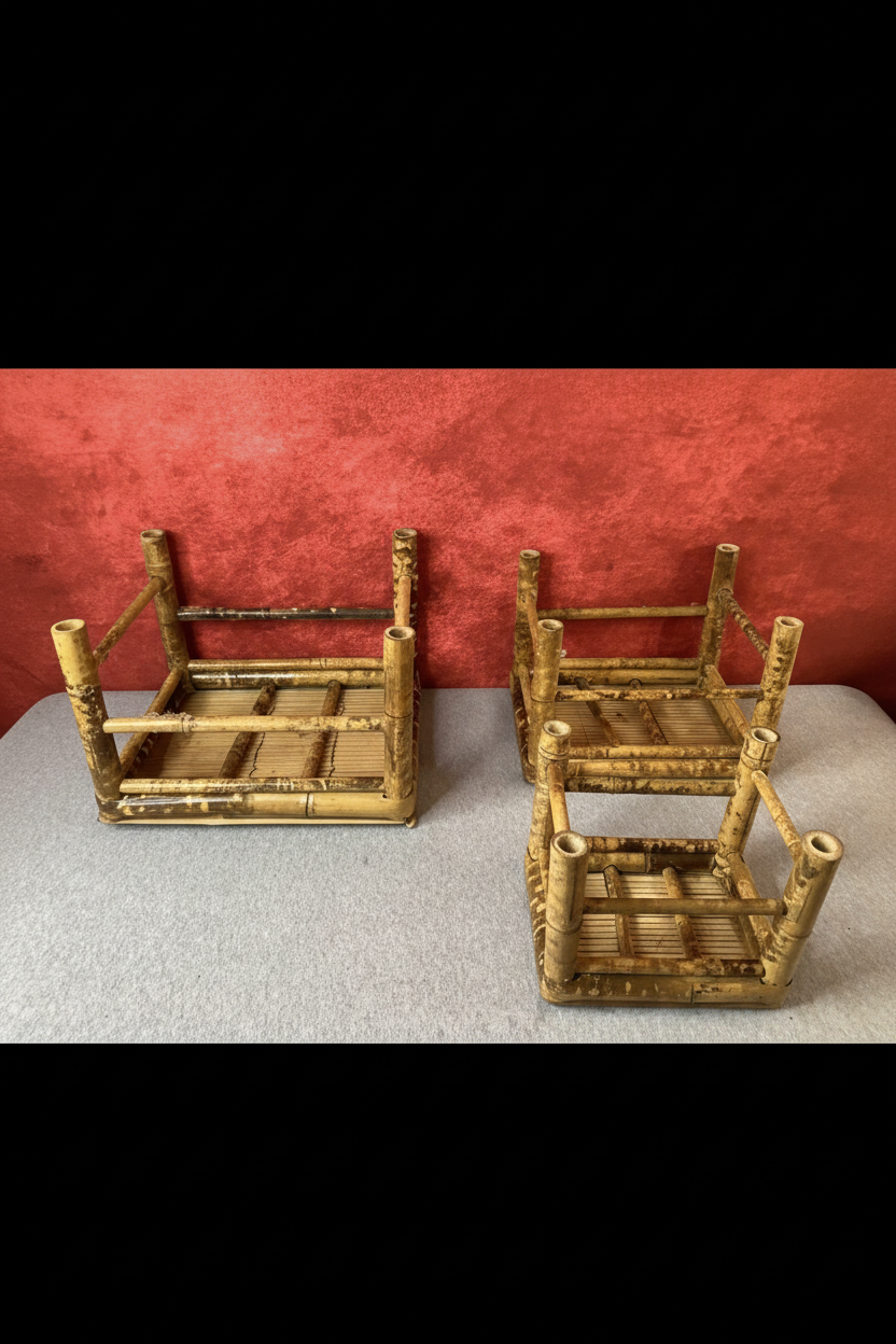 Vintage Tortoiseshell Burnt Bamboo Nesting Tables – Set of Three, c. 1960