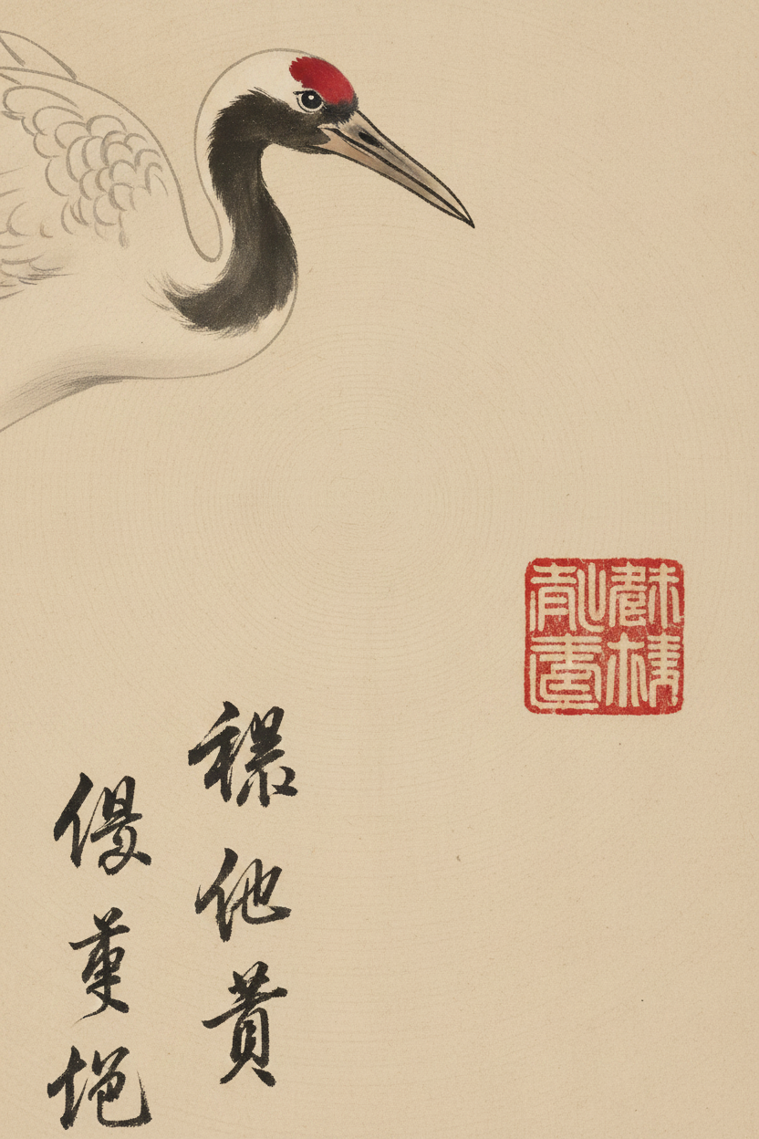Pair of Framed Chinese Silk Roundel Paintings – Red-Crowned Cranes & Botanical Motif (Set of 2)