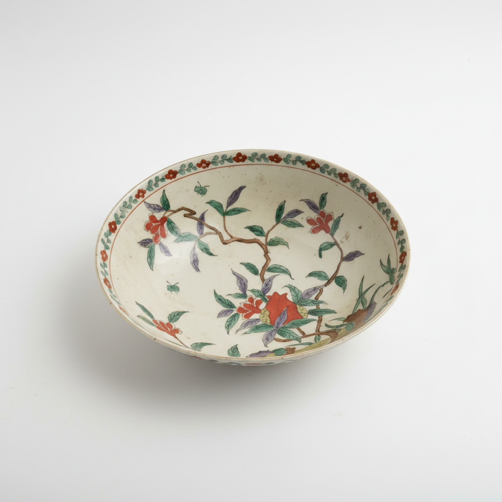 Large Vintage Chinese Enamel Porcelain Centerpiece Bowl – Branching Flora & Pomegranates (10")