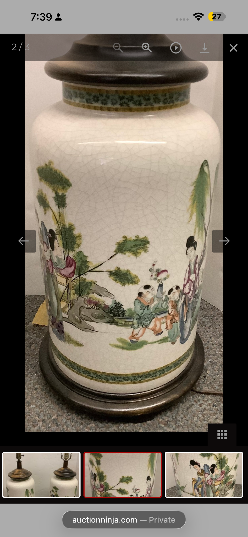 Pair of 20th-Century Chinese Crackle Glaze Porcelain Lamps with Figural Garden Scene
