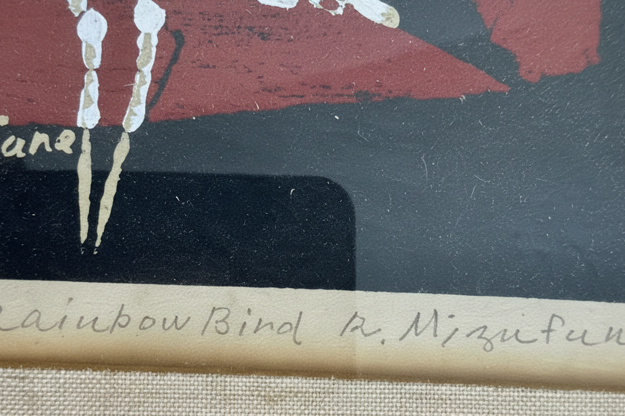 Vintage Rokushu Mizufune "Rainbow Bird" Signed Japanese Woodblock Print (Sōsaku-Hanga), Ed. 40/50