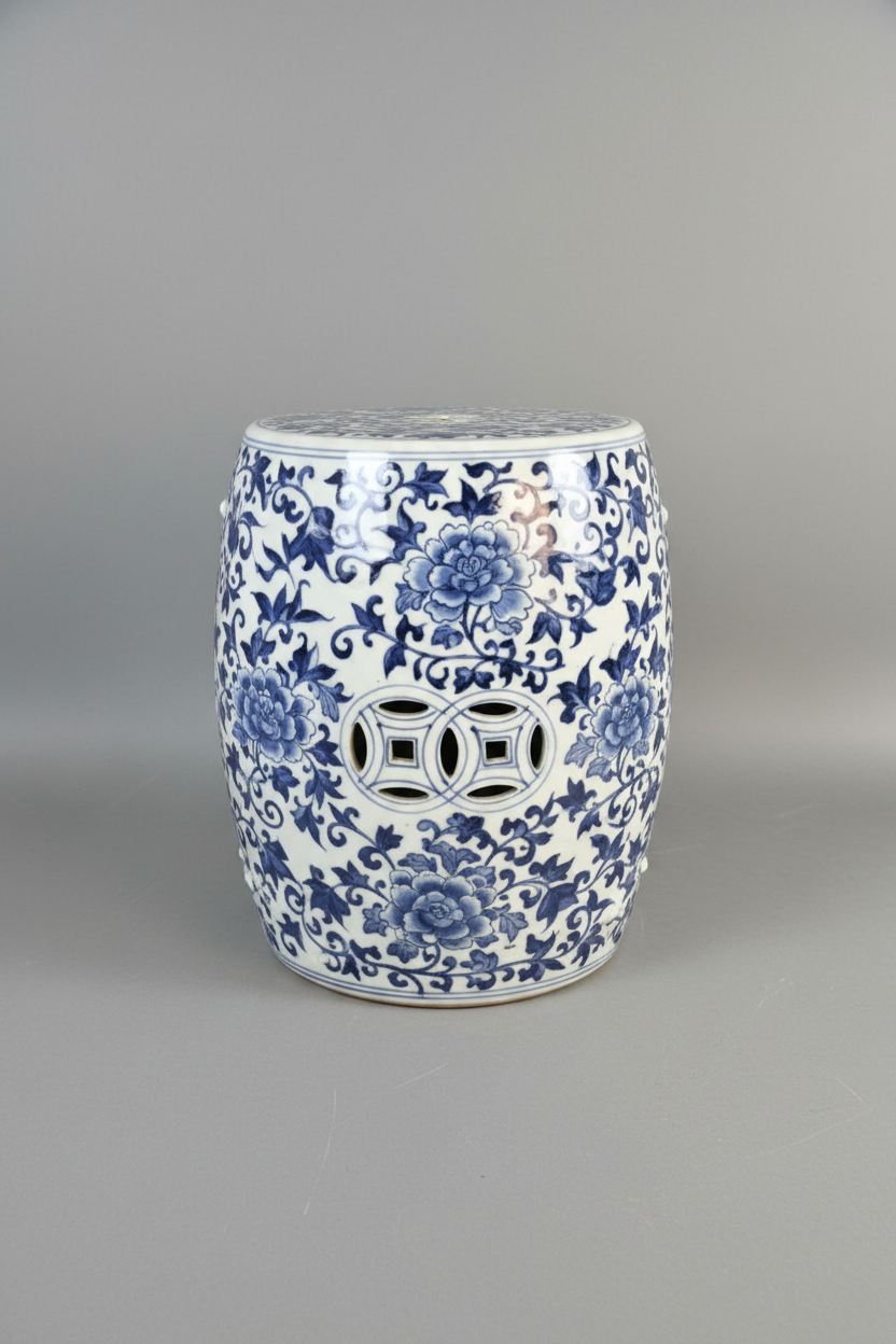 Vintage Chinese Blue & White Porcelain Garden Seat with Floral & Cash-Coin Motifs