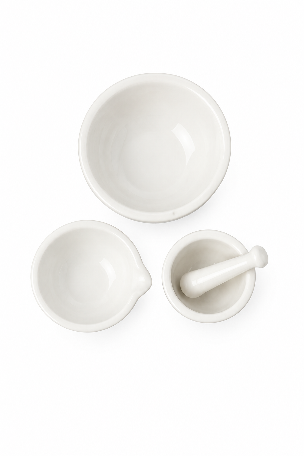 Vintage French Apilco Porcelain Mortars with Two White Porcelain Bowls