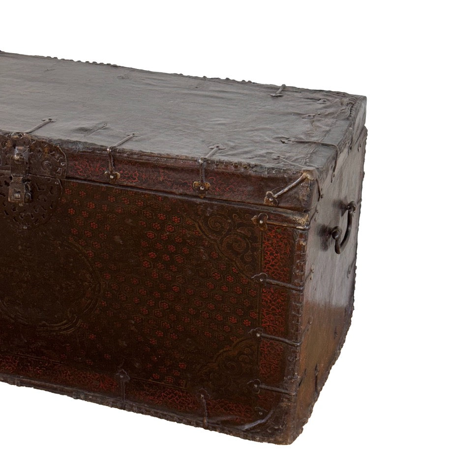 19th Century Tibetan Painted Leather-Clad Trunk with Iron Fittings