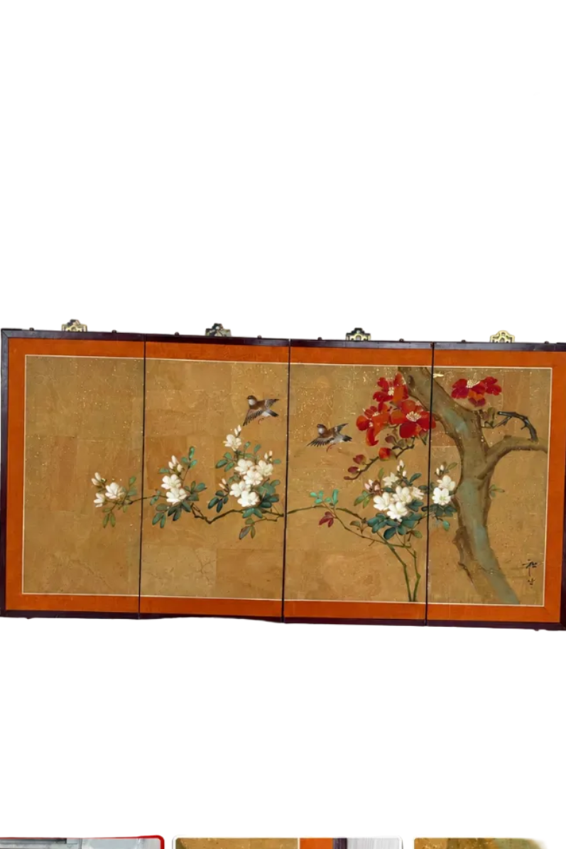 Vintage Japanese-Style Four-Panel Folding Screen with Birds and Blossoms