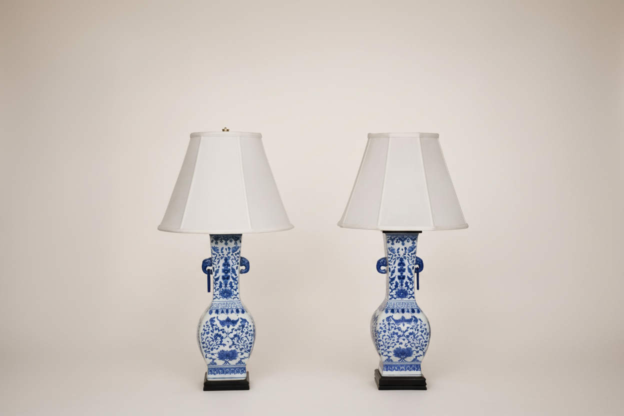 Vintage Blue & White Ceramic Vase-Form Table Lamps – A Pair