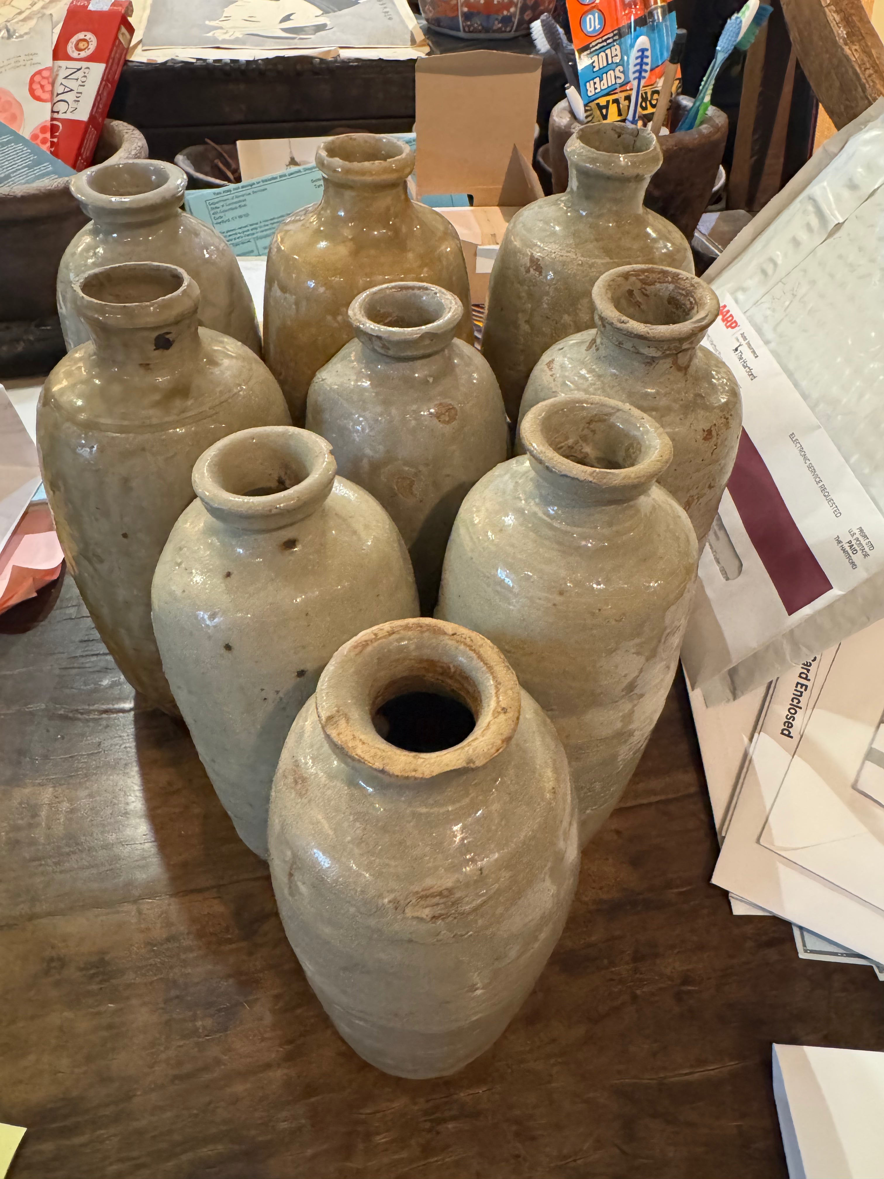 19th C. Japanese Antique Stoneware Sake Bottles (Tokkuri) – Set of 9