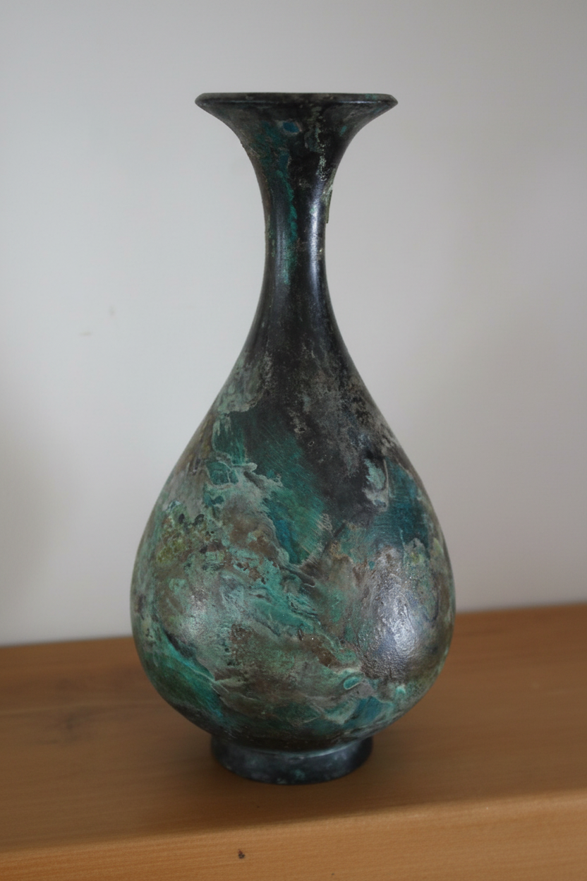 Vintage Upchurch Pottery Verdigris Bronze Glaze Bottle Vase – Signed (8.25")